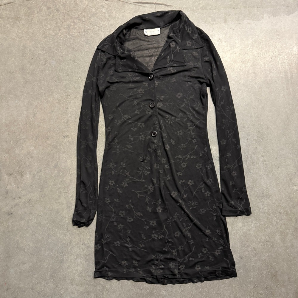 Vintage Breakin Loose Sheer Black Mesh Floral Burnout Mini Dress Long Sleeve 11